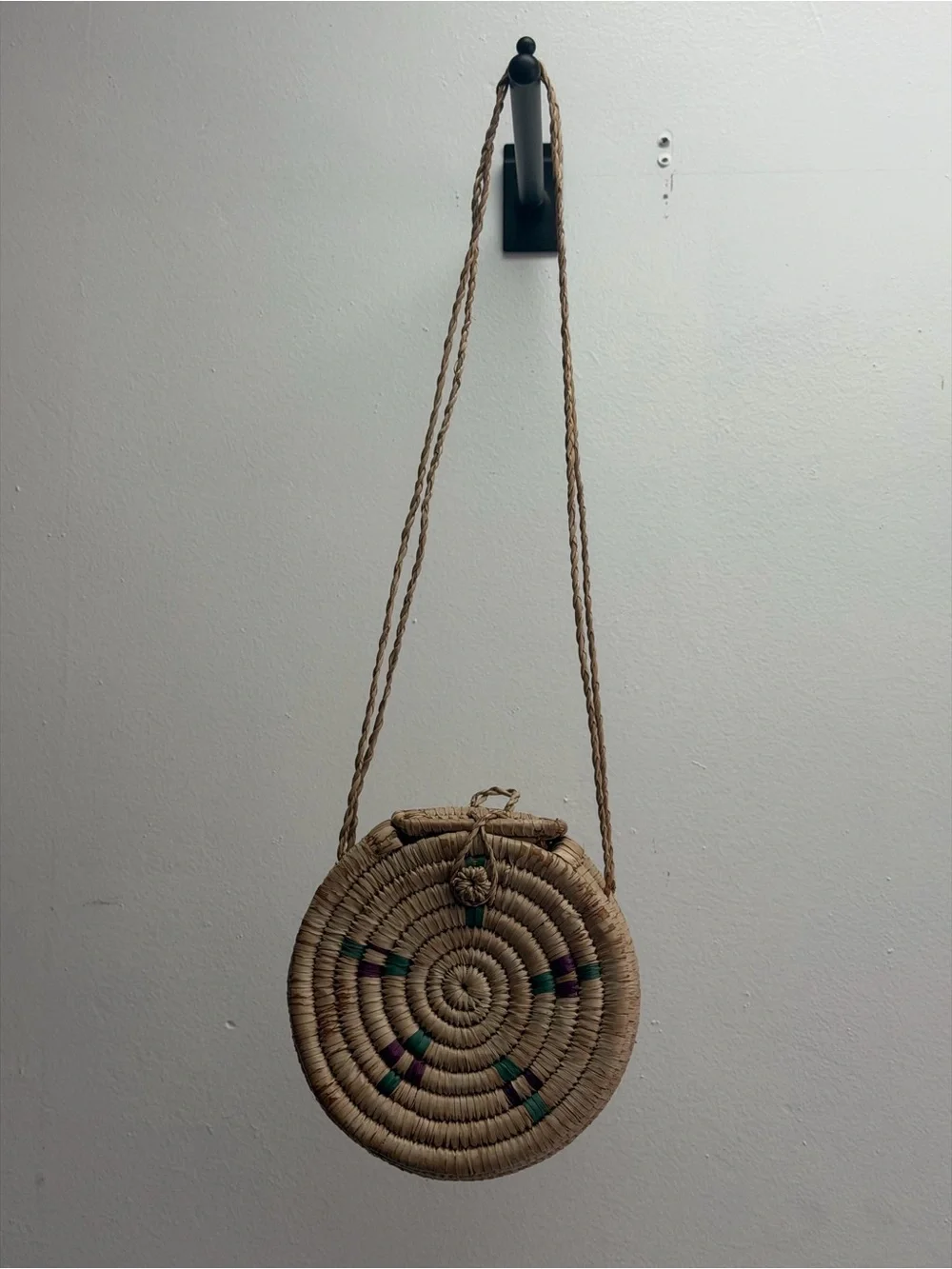 Handwoven Round Straw Crossbody Bag in Natural with Green & Purple Accents - Picture 1 of 3